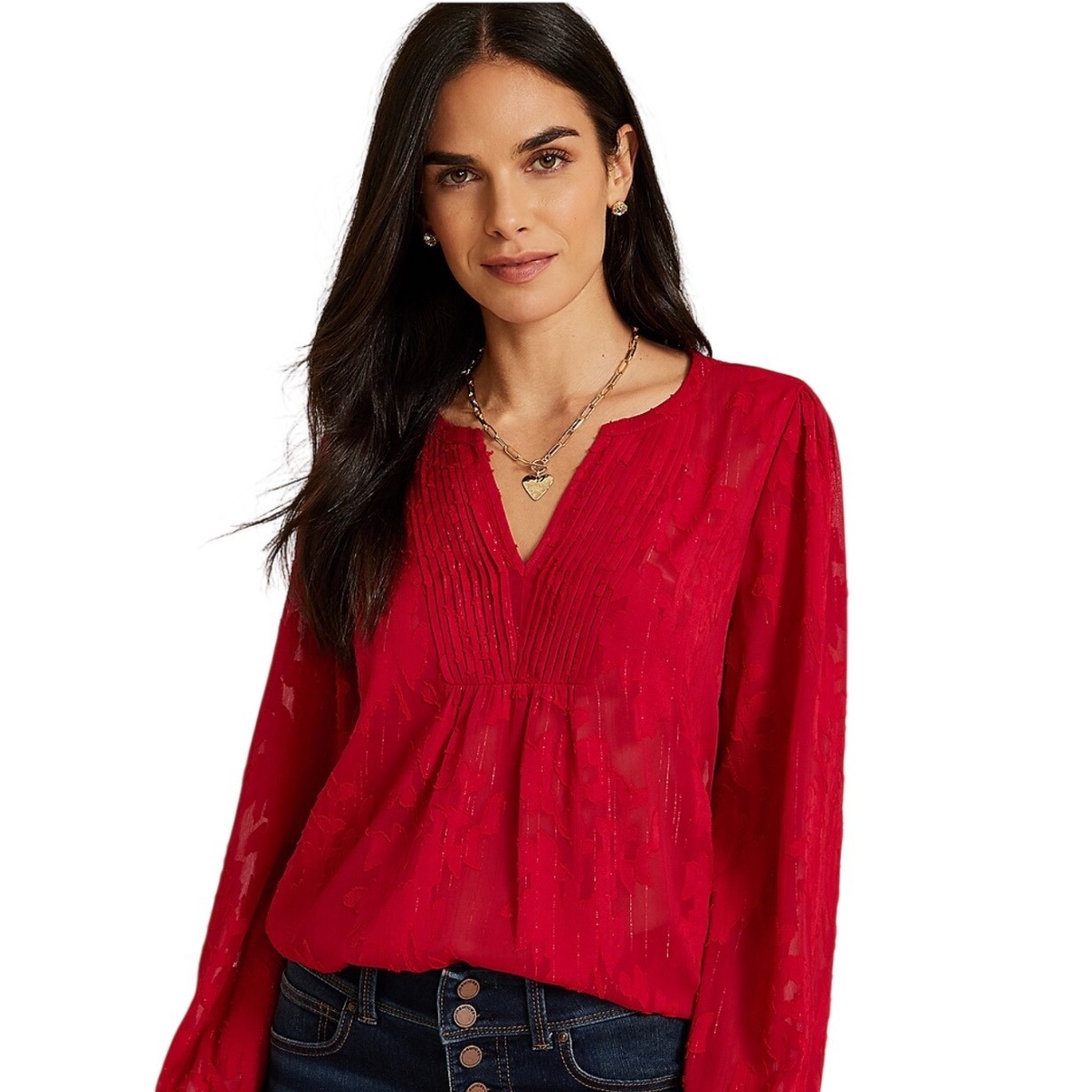 Maurices Blouse Large Red Floral Burnout Metallic Split Neck Pleated Peasant